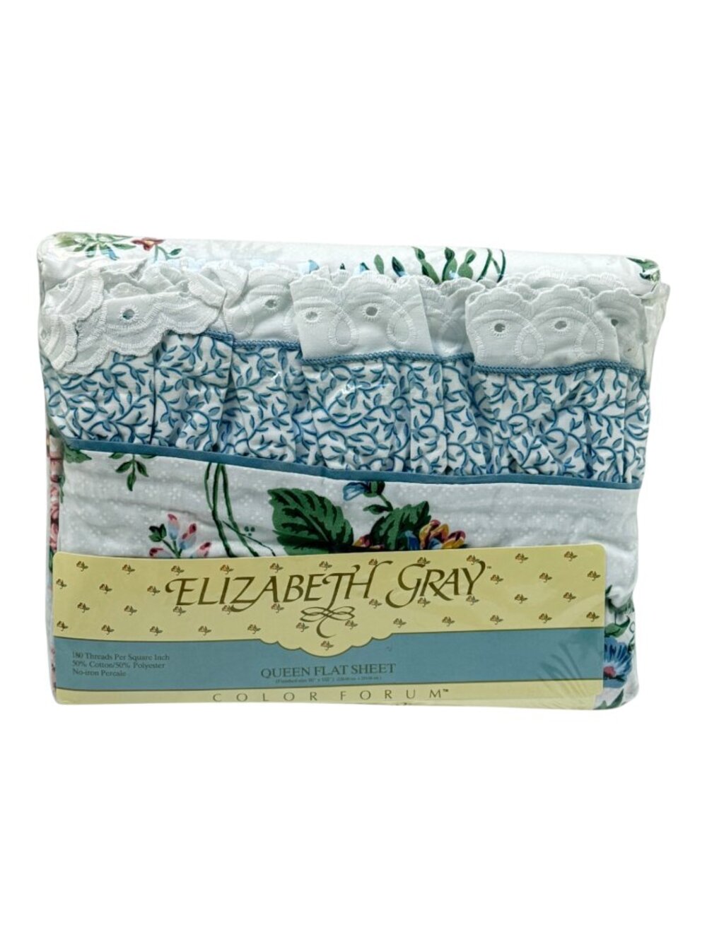 Elizabeth Gray Flat Queen White Blue Eyelet Floral New Vintage 90s JC Penny